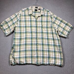 Arrow‎ Linen Shirt Men's XXL Green Yellow Plaid Button Up Short Sleeve Washable